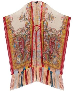 Etro Seersucker Kaftan With Fringing And Placed Paisley Foliage Print - White