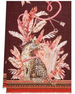 Ferragamo Feline-Print Pure-Wool Stole - Red