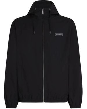 KARL LAGERFELD Hooded Logo Patch Zip-Up Jacket - Black