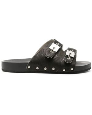 Scholl Pin-Straps Wood-Sole Leather Slides - Black