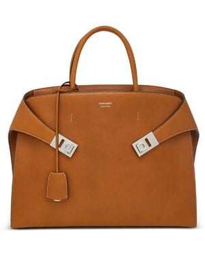 Ferragamo Hug Gancini-Buckles Leather Tote Bag - Brown