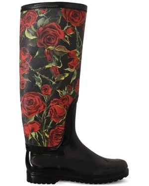 Dolce & Gabbana Rose-Print Rain Boots - Black