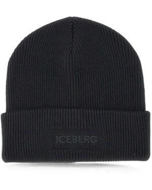 Iceberg Logo-Embroidered Ribbed-Knit Beanie Hat - Blue