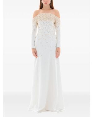 Dina Melwani Pearl Crystal Embellished Gown - White