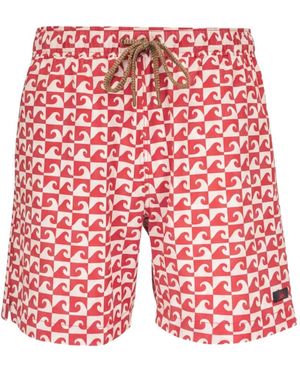 Faherty All Day Wave-Print Drawstring Swim Shorts - Red