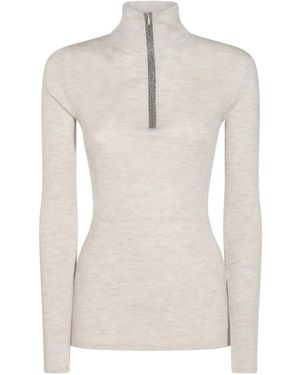 Brunello Cucinelli Monili-Embellished Half-Zip Jumper - White