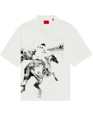 HUGO Graphic-Print Camp-Collar Shirt - White