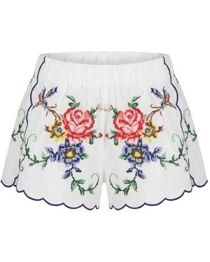ORSINA New Roses Floral-Embroidered Scalloped Shorts - White
