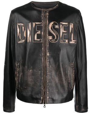DIESEL Jacke Aus Vielgetragenem Leder Mit Logo Aus Metall - Schwarz