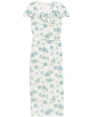 Alessandra Rich Floral-Print Ruffled Midi Dress - Blue