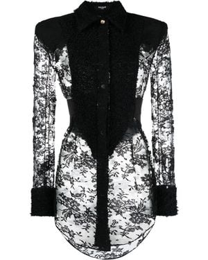 Balmain Tweed And Lace Plastron Shirt - Black