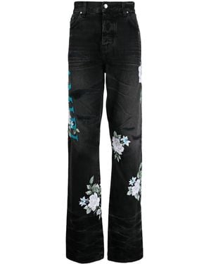 Amiri Floral-Print Straight-Leg Jeans - Black