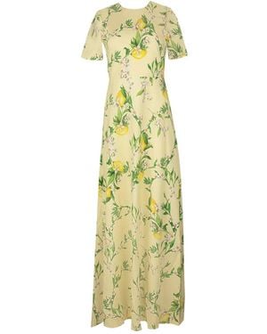 Monique Lhuillier Lemon-Print Short-Sleeve Gown - Metallic