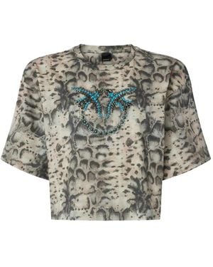 Pinko Cropped T-Shirt With Snake Print And Love Birds - Grey