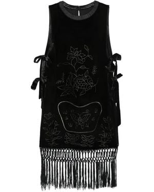 Hui Milano Seem Embroidered Fringed Mini Dress - Black