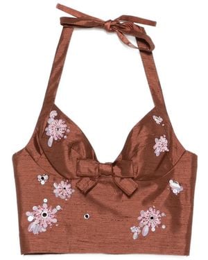 ShuShu/Tong Bead-Embellished Bow-Detail Top - Brown