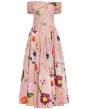 Oscar de la Renta Botanical-Print Off-Shoulder Midi Dress - Pink