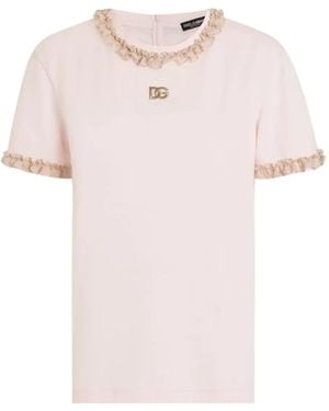 Dolce & Gabbana Logo-Embroidered Ruffled T-Shirt - Pink