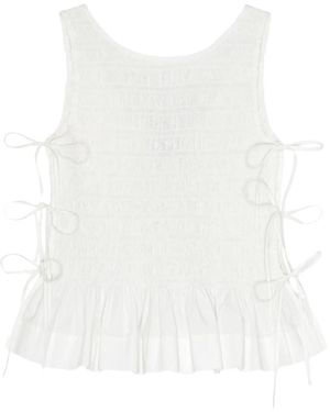 Ganni Tie-Detailed Ruffled Shirred Organic Cotton-Poplin Tank - White