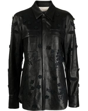 Elie Saab Floral-Embroidered Leather Shirt Jacket - Black
