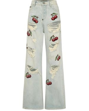 Philipp Plein Denim Trousers Skater Fit Cherries Destroyed - White