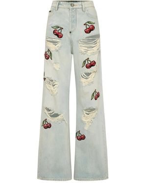 Philipp Plein Denim Trousers Skater Fit Cherries Destroyed - White