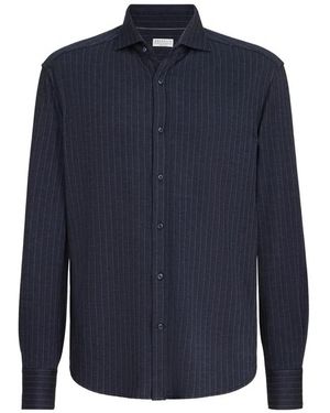 Brunello Cucinelli Virgin Wool, Silk And Cotton Chalk Stripe Piqué Shirt - Blue