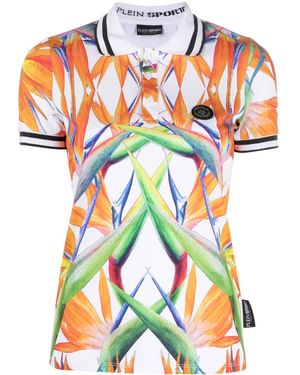 Philipp Plein Floral-Print Cotton Polo Top - Orange