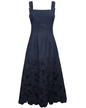 Veronica Beard Floral-Embroidery Midi Dress - Blue