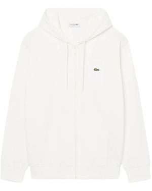 Lacoste Felpa Con Cappuccio, Applicazione Logo E Zip - Bianco