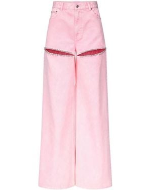 Area Wide Leg Crystal Slit Jeans - Pink