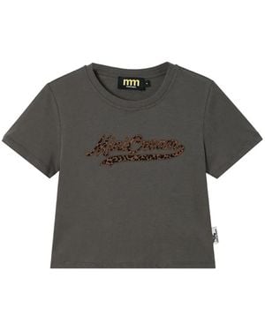 Mini Cream Leopard-Print Logo-Patch T-Shirt - Grey