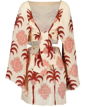 Johanna Ortiz Wave After Wave Palm-Tree Print Open-Neck Mini Dress - Pink