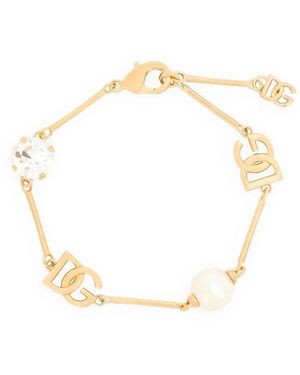 Dolce & Gabbana Bracciale Con Logo Dg, Strass E Perla - Metallizzato