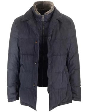 Al Duca d'Aosta Shearling-Collar Suede-Panel Padded Jacket - Blue