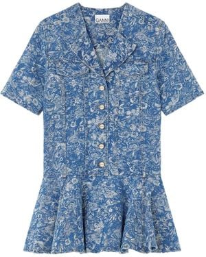 Ganni Floral-Print Denim Midi Dress - Blue