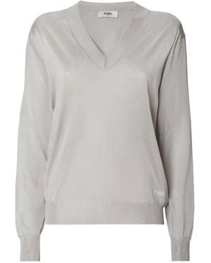 Fendi Logo-Embroidered V-Neck Sweater - Gray