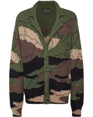 Philipp Plein V-Neck Intarsia-Knitted Cardigan - Green