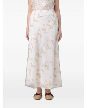 Hanita Floral-Embroidered Flared Skirt - Natural
