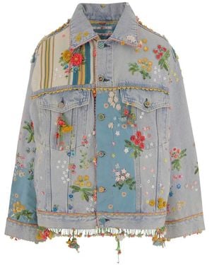 Péro Floral-Embroidered Denim Jacket - Blue