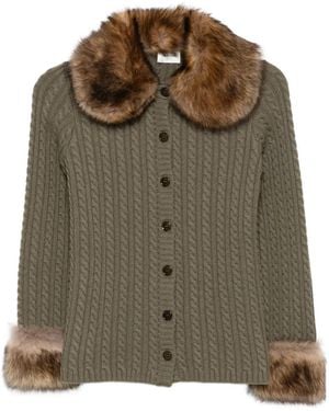 Saint Laurent Cardigan Mit Zopfmuster Aus Kaschmir Und Tierfreiem Pelz - Grün