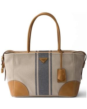 Prada Large Canvas And Leather Shopping Bag - Natural