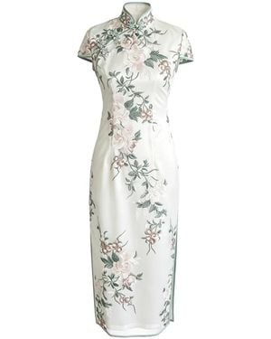 QIPOLOGY Frog-Fastening Floral-Embroidered Qipao - White