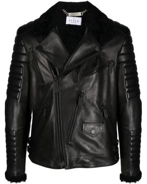 Philipp Plein Logo-Debossed Leather Jacket - Black