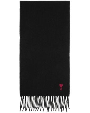 Ami Paris Heart-embroidered Fringed Scarf - ブラック