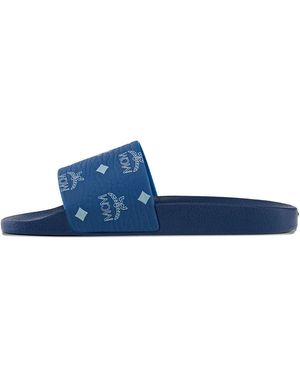 MCM Monogram-Print Slides - Blue