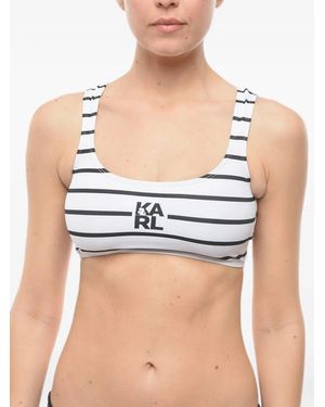 KARL LAGERFELD Striped Logo-Print Bikini Top - Blue