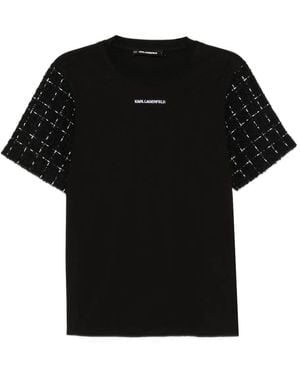 KARL LAGERFELD Logo-Embroidered Bouclé T-Shirt - Black