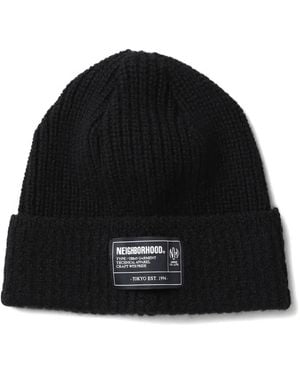 Neighborhood Ribbed Label Beanie Hat - Black