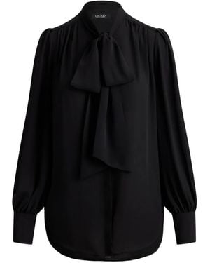 Ralph Lauren Tie-Neck Blouson-Sleeve Blouse - Black